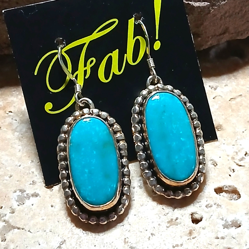 Native American Sterling Kingman Turquoise Oval Pierced  Drop Earrings